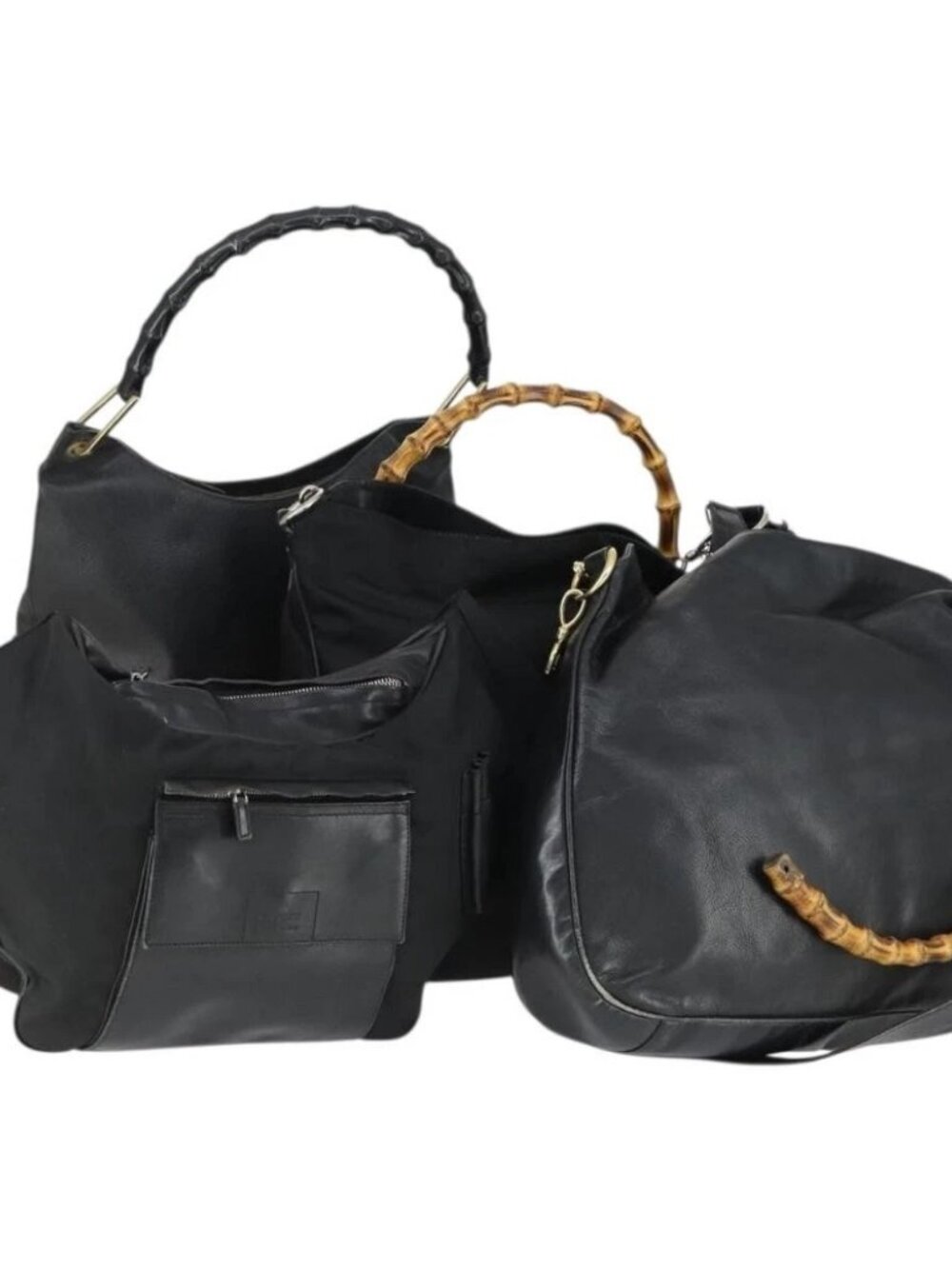 GUCCI Bamboo Shoulder Bag Leather Canvas 4 Set Black Auth